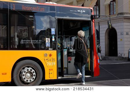 Linkoping Sweden - August 21 2017: One person boarding the bus in service on line 3 in downtown.
