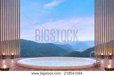Luxury bathroom with mountain view 3d rendering image. There are wood floor decorate wall with wood lattice. There are glass railing overlooking the surrounding nature and mountain