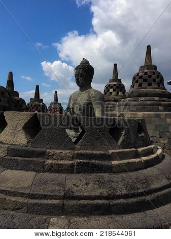 A budha temple at the borobudur temple in Indonesia.
