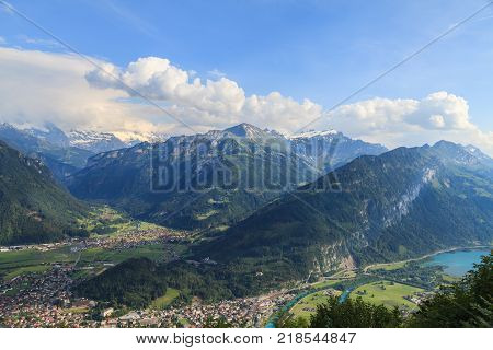 Interlaken town and Aare river from the view point of Harder Kulm Interlaken Switzerland