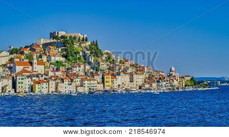 SIBENIK, CROATIA - April 22, 2017 Panoramic view of the old city center on a beautiful sunny day.