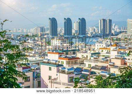 panorama of the city of Sanya, a view of the city in the highest point, the island of the Phoenix. Asia