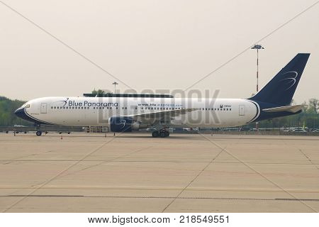 MILAN, ITALY - SEPTEMBER 29 2017: Boeing 767-3X2 (ER) (I-BPAD) Blue Panorama Airlines on the Malpensa airport in the early morning