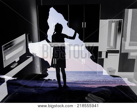 Girl standing in front of the cave with bedroom background.Using the program color range and clipping mask to included two images together