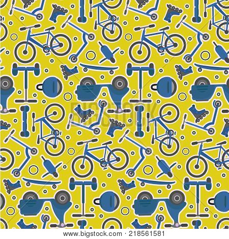 Yellow and blue seamless pattern with fashion teenager city transport in sticker style. Cute youth urban ecological transport texture for textile wrapping paper package