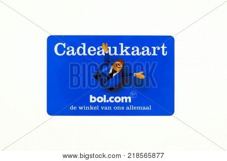 Amsterdam, The Netherlands-  December 17, 2017: Blue Bol.com giftcard. The card is a prepaid money card. Bol is the leading webshop in the Netherlands.