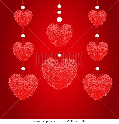 Vector colorful illustration of decortive elements with red pom-poms in the shape of a heart hanging on the ropes as garland with beads isolated on white background. Decor for Valentines day design.