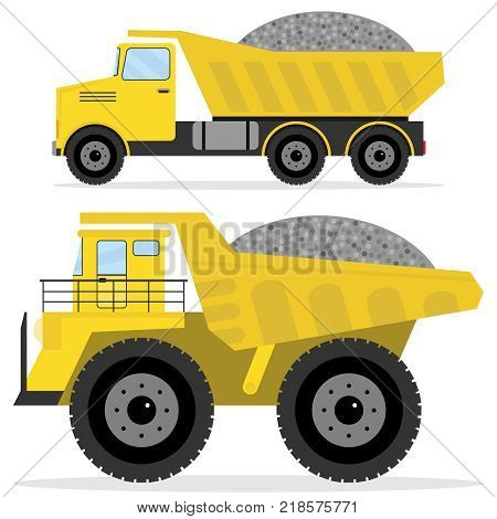 Dumper with rubble. Freight transport heavy truck dumper icon. Flat design vector illustration vector.