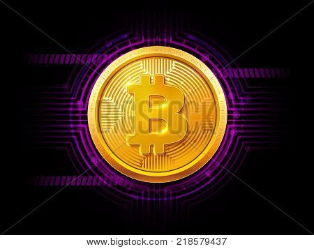 Abstract technology HUD bitcoin symbol. Golden bitcoin coin on dark background. Virtual money Digital currency. Vector stock illustration. EPS 10