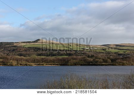 The view across the reservoir towards Winter Hill in Rivington