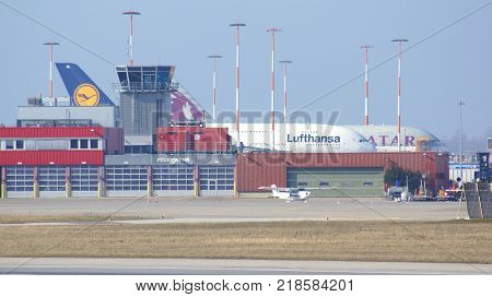 HAMBURG, GERMANY - MARCH 9th, 2014: Airbus A380 parking at the Airbus factory side at the airport Finkenwerder.