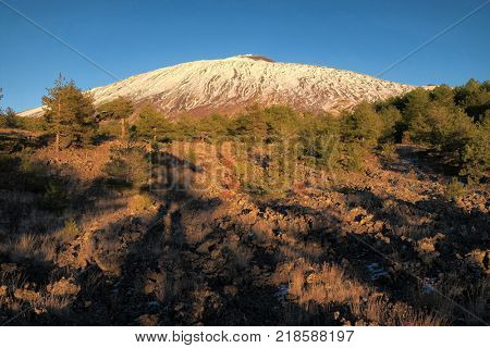 winter Etna Mount from Galvarina highland, Sicily