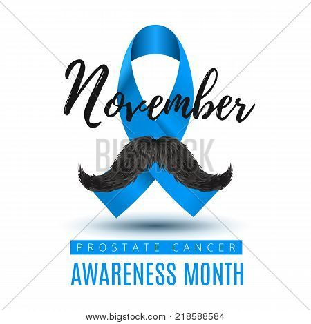 Vector Stock Template, Prostate Cancer Blue Awareness Ribbon with Mustache. November month of struggle against prostate cancer.