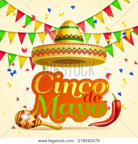Cinco De Mayo lettering celebration vector background with sombrero, chili paper, garland, confetti , maracas  royalty free stock for greeting card, ad, promotion, poster, flyer, social media