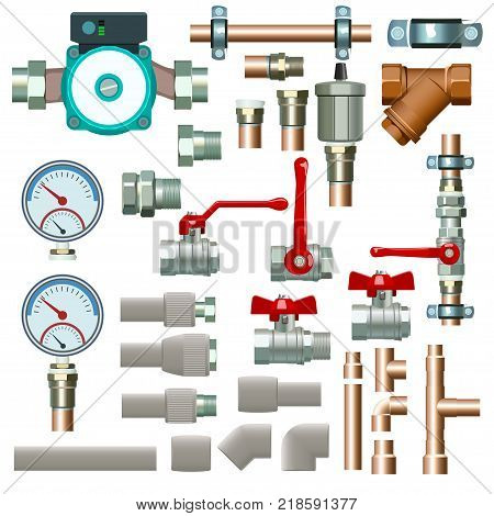 illustration of big various heating set of pipes and other equipment isolated on white background