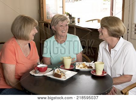 group of three lovely middle age senior mature women girlfriends meeting for coffee and tea with cakes at coffee shop sharing time together enjoying converstion happy and cheerful gossiping