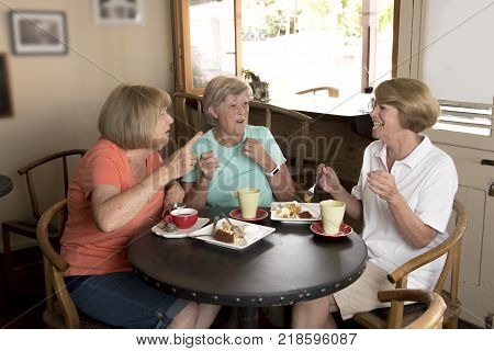 group of three lovely middle age senior mature women girlfriends meeting for coffee and tea with cakes at coffee shop sharing time together enjoying converstion happy and cheerful gossiping