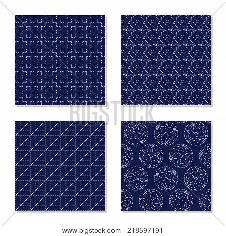 Four simple textures. Japanese sashiko motifs. Abstract Seamless patterns. White stitches on the indigo blue background. For decoration, wallpaper or pattern fills.