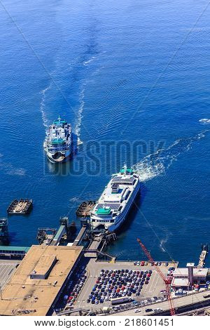 View of Seattle, Washington ferries in Puget Sount from Above.