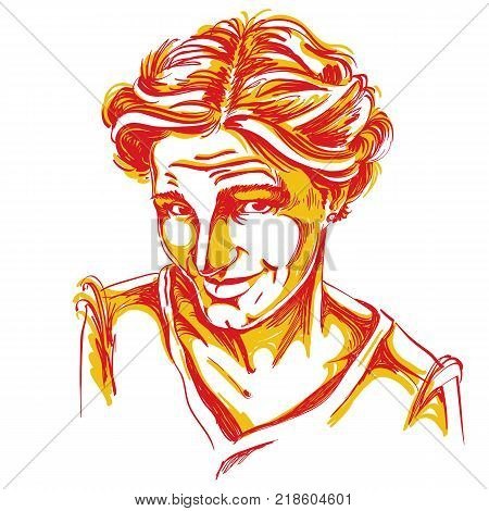 Hand-drawn vector illustration of naive blameworthy woman. Colorful image expressions on face of young lady. I am sorry theme.