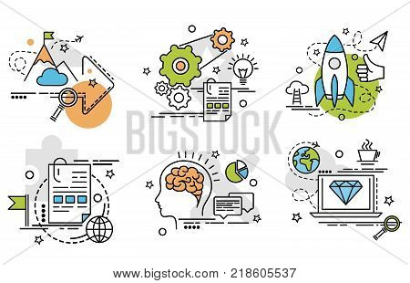Set of outline icons of mission. Illustration for website banner flyer and print.