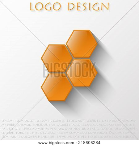 Logo of orange surround the hexagons with a convex reflective surface and a chamfer is made in the form of a tilted shield or medical tablets with long shadow in flat style lettering and Logo Design on top