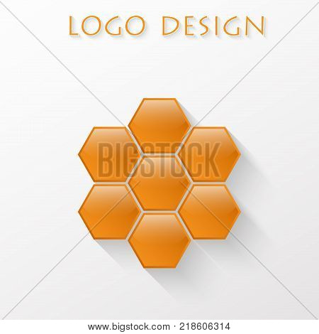 Logo on white background of orange convex hexagons with a reflective surface and a chamfer composed of a circle in the form of a sun or flower, with long slanting shadows in the style of the flat and inscribed Logo Design at the top.