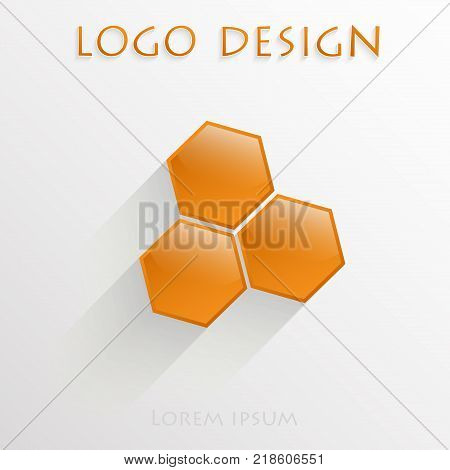 The logo of three orange hexagons surround with a convex reflective surface and a chamfer is made in the form of an inclined pyramid with long shadow in flat style lettering and Logo Design on top