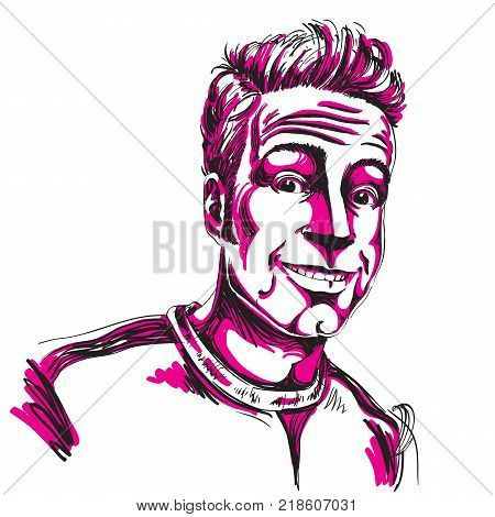 Hand-drawn vector illustration of smiling confident man. Artistic creative image expressions on face of cheerful guy.