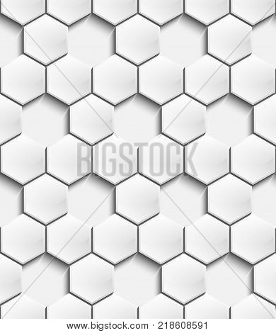 The perforated three-dimensional geometric seamless pattern in the form of a convex white hexagons with a shiny surface and oblique with shadow on light background