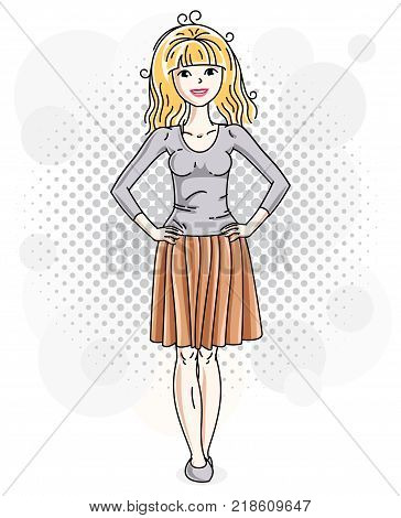 Attractive blonde woman posing on modern background with bubbles and circles and wearing casual clothes. Vector nice lady illustration.