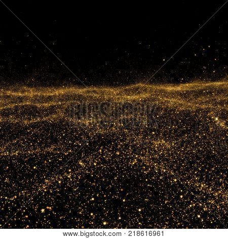 Golden sky. Abstract stardust smokey wave particles. Nano dynamic flow with 3d render particles gold heaven or space