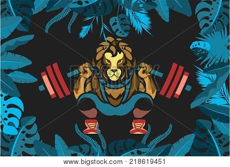 Vector illustration of a lion engaged in sports squatting with a barbell in the jungle wild power