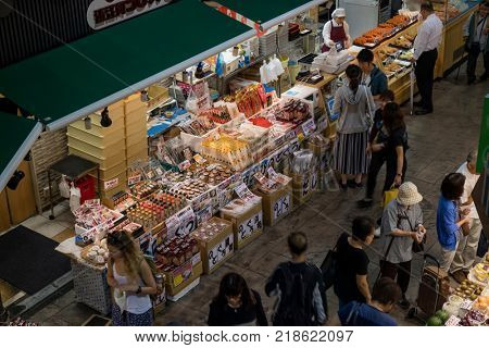 Kanazawa - Japan, June 10, 2017: Local people shopping at the Omicho Market 