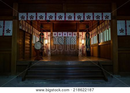 Kanazawa - Japan, June 9, 2017: Entrance of a shrine at Kanasawa castle grounds at twilight
