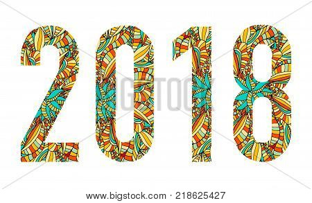 New year 2018 abstract colored digital, hand drawn doodle vector.