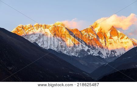 Golden Everest, Himalayas, landscape between way to Everest Base Camp, Nepal.Snow capped mountain top highest in the world.