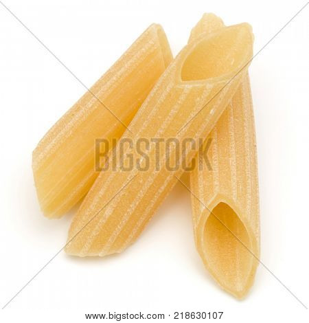 Italian pasta isolated on white background. Pennoni. Penne rigate.