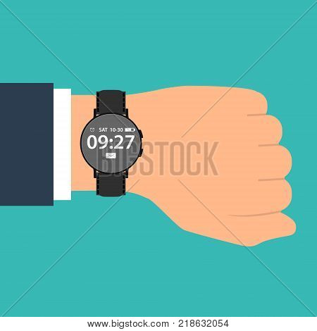 smart watch on the hand of businessman in suit. Time on wrist watch. Man with clock checks the time. Hand with clock isolated on background. Flat design, vector illustration.