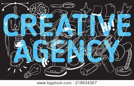Creative Agency Artistic Cartoon Hand Drawn Sketchy Line Art Style Drawings Illustrations Icons  Design Of  Essential Related Objects Of Every Day Working Things And Tools. Vector Graphic.