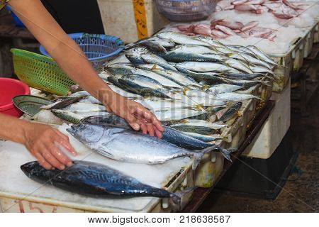 Fresh fish silver red snapper sardine sale during a weekend wet market. Seafood market. Fishmarket, China.