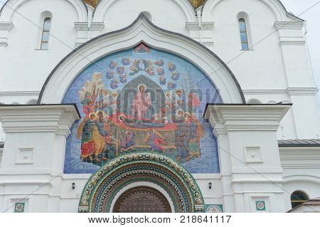 Yaroslavl, Russia. - June 3.2016. Mosaic panel above the entrance to the Assumption Cathedral which depicts the assimilation of the Mother of God.