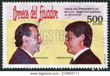 ECUADOR - CIRCA 1991: A stamp printed in the Ecuador dedicated to the visit of the President of Bolivia Ecuador shows presidents Rodrigo Borja and Jaime Paz Zamora circa 1991