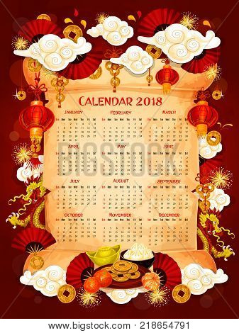 Chinese New Year calendar with Lunar holiday oriental symbols. Year calendar template on parchment scroll with frame of red lantern, dragon, fortune coin and firework, gold ingot, fan and oranges