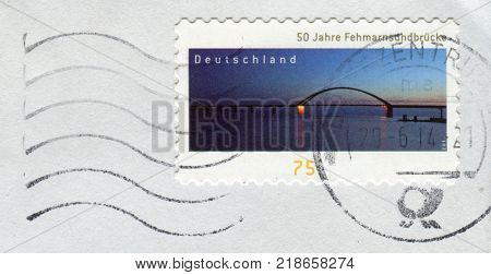 GOMEL, BELARUS, 15 DECEMBER 2017, Stamp printed in Germany shows image of The Fehmarn Sound Bridge, circa 2013. 
