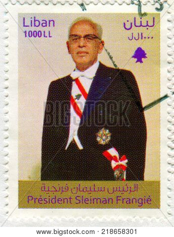 GOMEL, BELARUS, 17 DECEMBER 2017, Stamp printed in Lebanon shows image of the President Sleiman Frangie, circa 2017. 