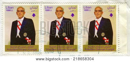 GOMEL, BELARUS, 17 DECEMBER 2017, Stamp printed in Lebanon shows image of the President Sleiman Frangie, circa 2017.