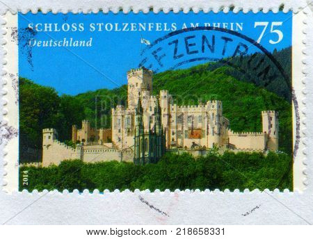 GOMEL, BELARUS, 15 DECEMBER 2017, Stamp printed in Germany shows image of the Stolzenfels Castle is a former, medieval fortress castle  turned into a palace, circa 2014.