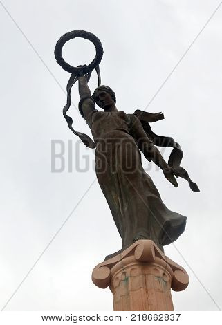 Granite monument for russian glory as a memory of heroism in the Great Patriotic War. Shot made in Park of Victory in Kherson Ukraine july 2017