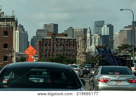Boston, MA, USA 05.09.2017 - Skyscrapers Skyline with daily car traffic on the road